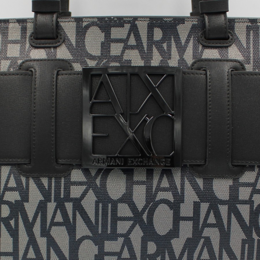 Ladies Bags Armani Exchange | Armani Exchange Handbag, With Black-Gray Logos Pattern 9426893F742100850