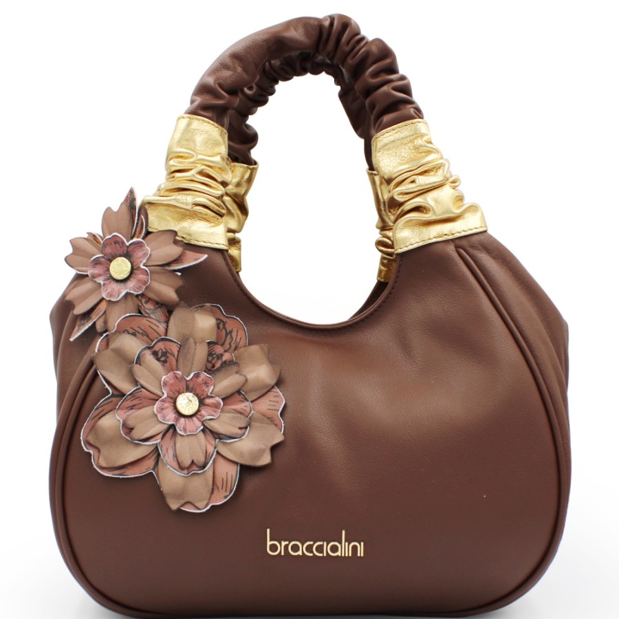 Ladies Bags Braccialini | Braccialini Brown Leather Satchel Bag With Application Of Handmade Leather Flowers B16962