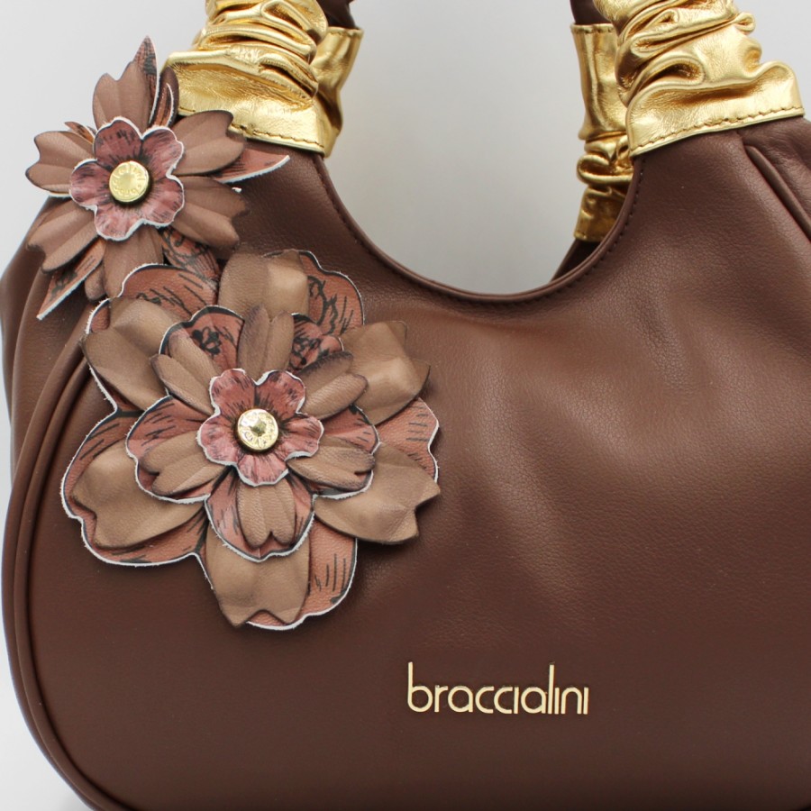 Ladies Bags Braccialini | Braccialini Brown Leather Satchel Bag With Application Of Handmade Leather Flowers B16962