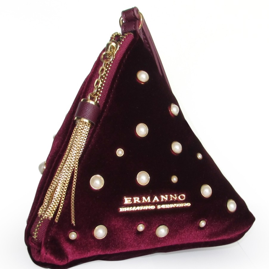 Ladies Bags ERMANNO Ermanno Scervino | Ermanno Ermanno Scervino Burgundy Velvet Pyramid Wristlet Bag With Pearls Applications 12400612Red