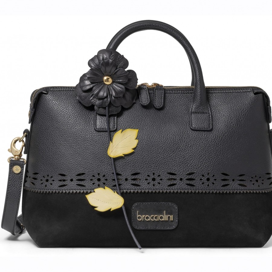 Ladies Bags Braccialini | Braccialini Black Leather Handbag With Handmade Flower, Made In Italy B16642-100