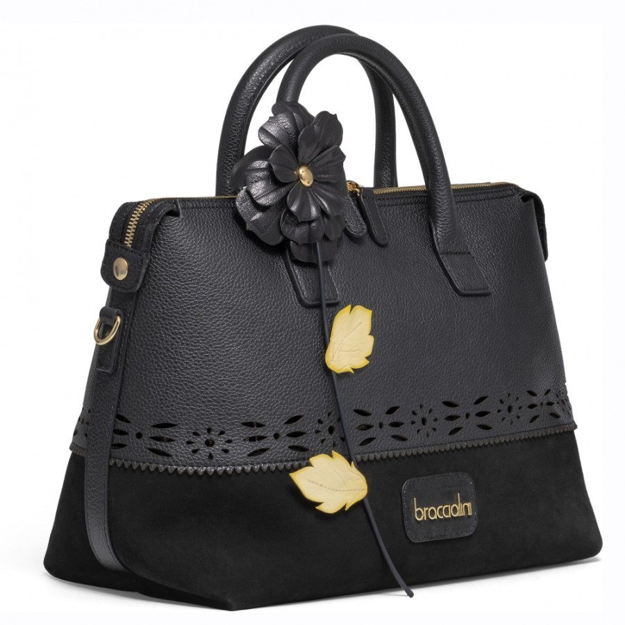 Ladies Bags Braccialini | Braccialini Black Leather Handbag With Handmade Flower, Made In Italy B16642-100