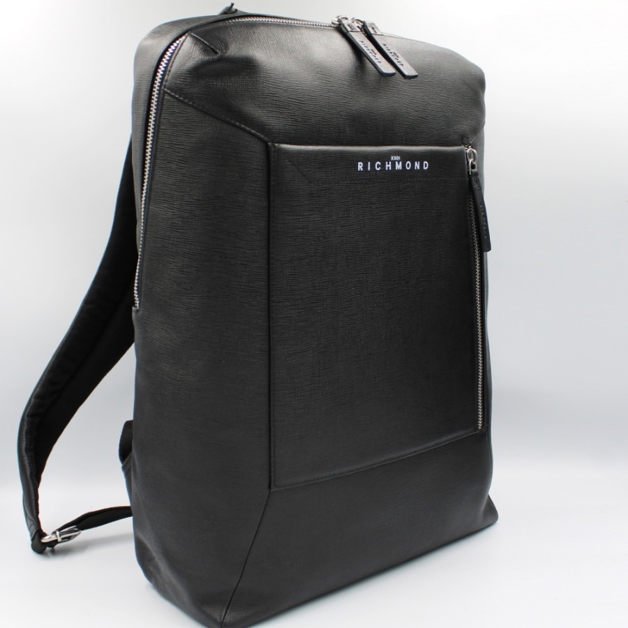 Mens Bags John Richmond | John Richmond Men'S Black Leather Modern Stylized Backpack, M Jr-B109