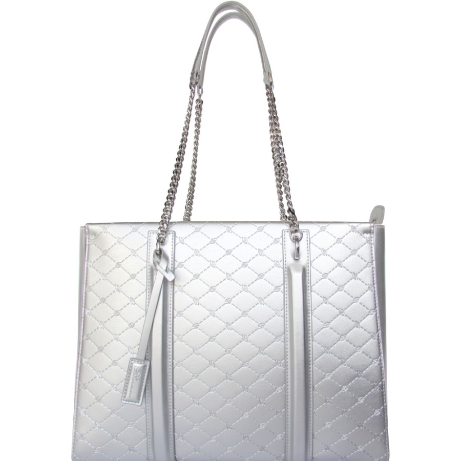 Ladies Bags Blumarine | Blumarine Women'S Signature Silver Leather Shopper Bag B81Pwb300092