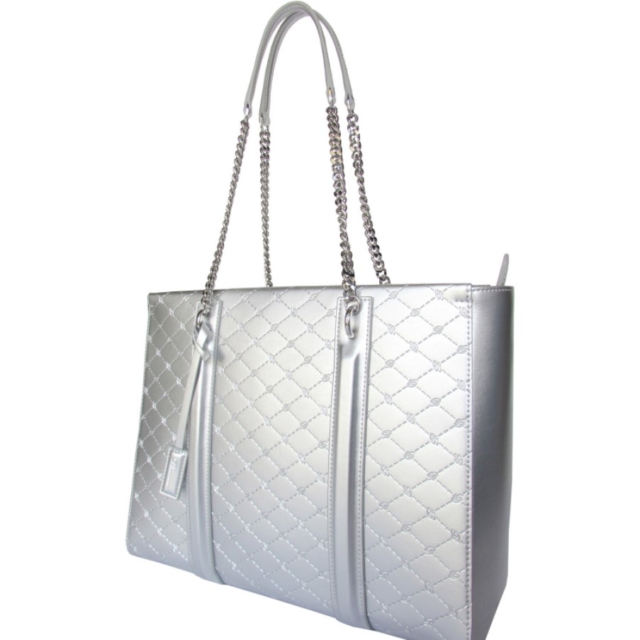 Ladies Bags Blumarine | Blumarine Women'S Signature Silver Leather Shopper Bag B81Pwb300092