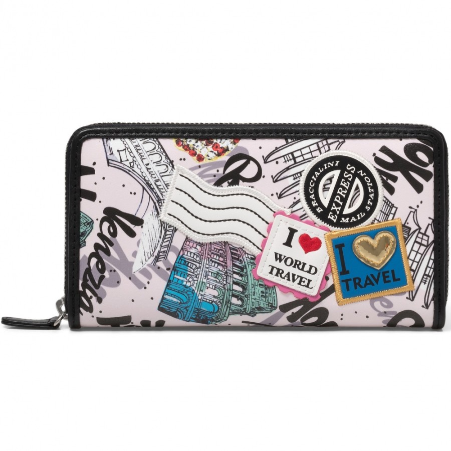 Ladies Accessories Braccialini | Braccialini Women'S Zip Around Wallet With Collage, Postcards Theme B13978