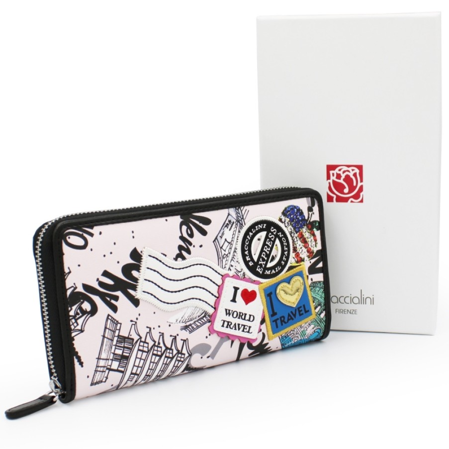 Ladies Accessories Braccialini | Braccialini Women'S Zip Around Wallet With Collage, Postcards Theme B13978