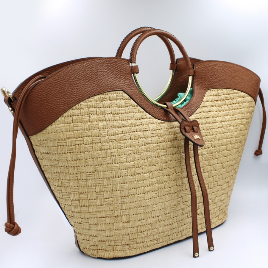 Ladies Bags Cuoieria Fiorentina | Cuoieria Fiorentina Large Bag Of Straw And Brown Leather, Natural Color, Made In Italy 5858006