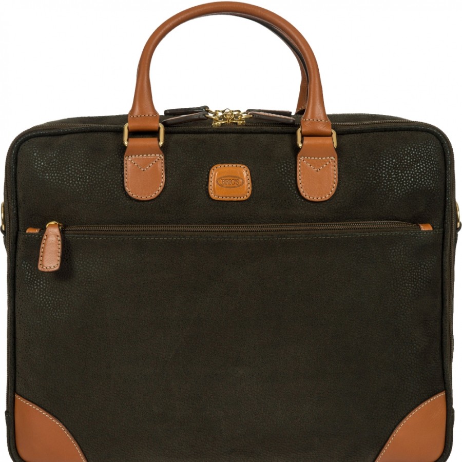 Business Bags BRIC'S | Bric'S Life 15 Laptop Briefcase Of Resistant Fabric & Leather, Olive Color Blf15130.378