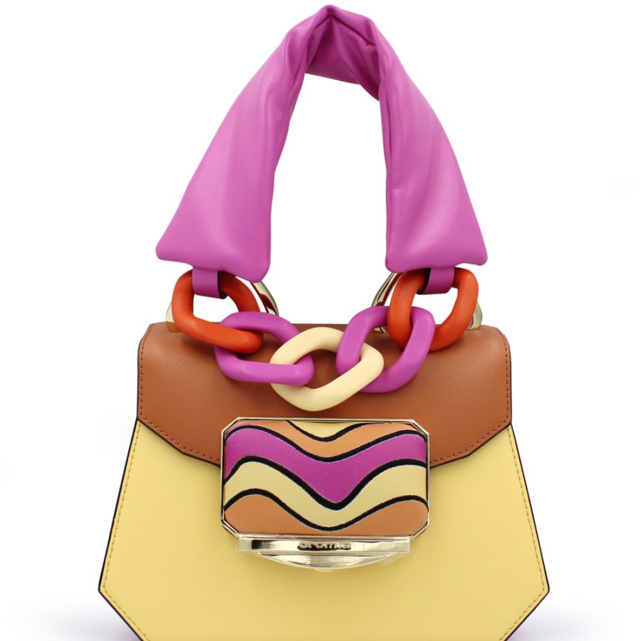 Ladies Bags Cromia | Cromia Leather Handbag In Tan-Yellow-Fuchsia Color-Blocking Style, Made In Italy 1405412-193