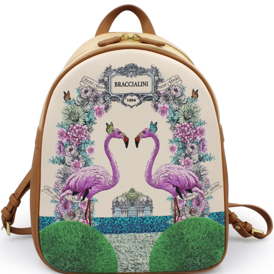 Ladies Bags Braccialini | Braccialini Women'S Backpack With Flowers And Pink Flamingos, Beige Color B14805