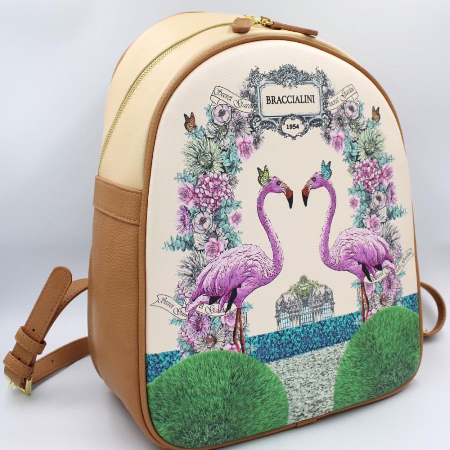 Ladies Bags Braccialini | Braccialini Women'S Backpack With Flowers And Pink Flamingos, Beige Color B14805