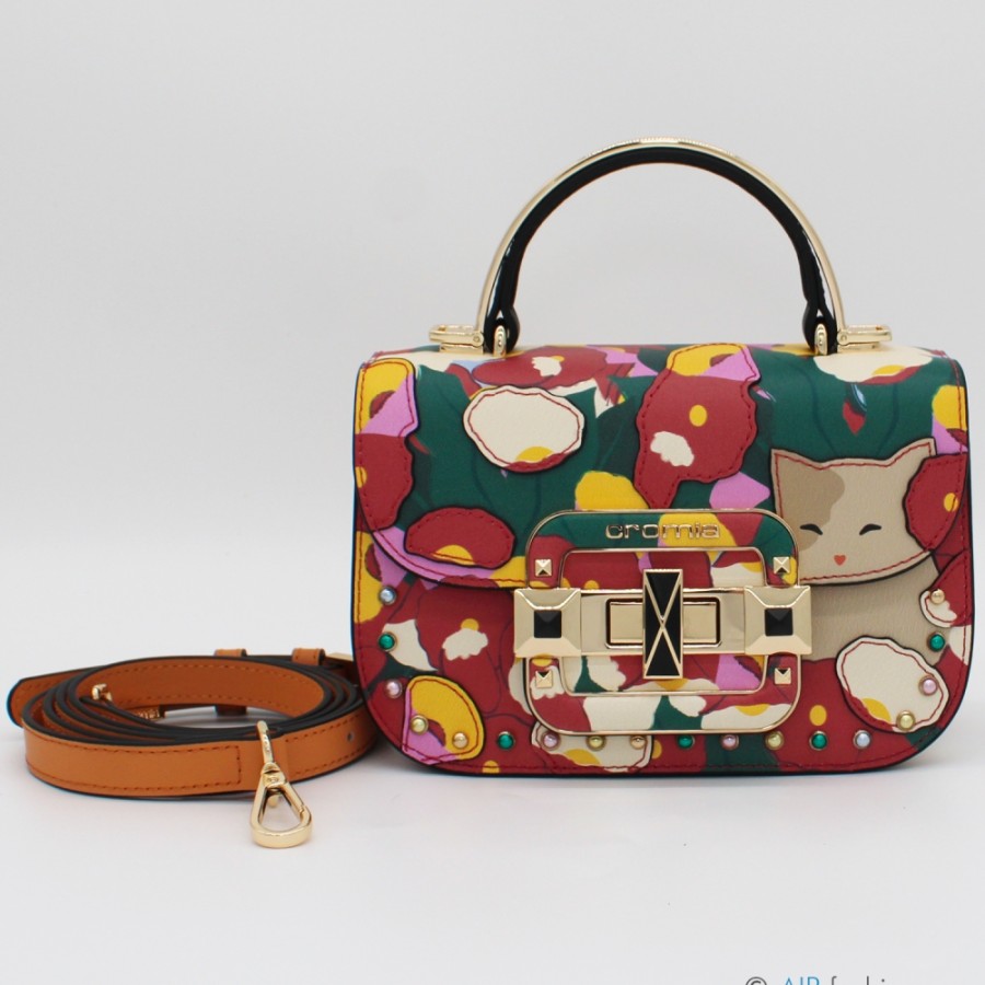 Ladies Bags Cromia | Cromia Women'S Leather Flap Bag With Floral & Cat Applique, Made In Italy 1405528