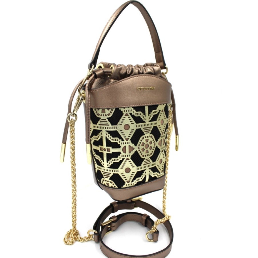 Ladies Bags Cromia | Cromia Bronze Leather Mini Bucket Bag With Arabesque Ornament 8051978053552/1404166