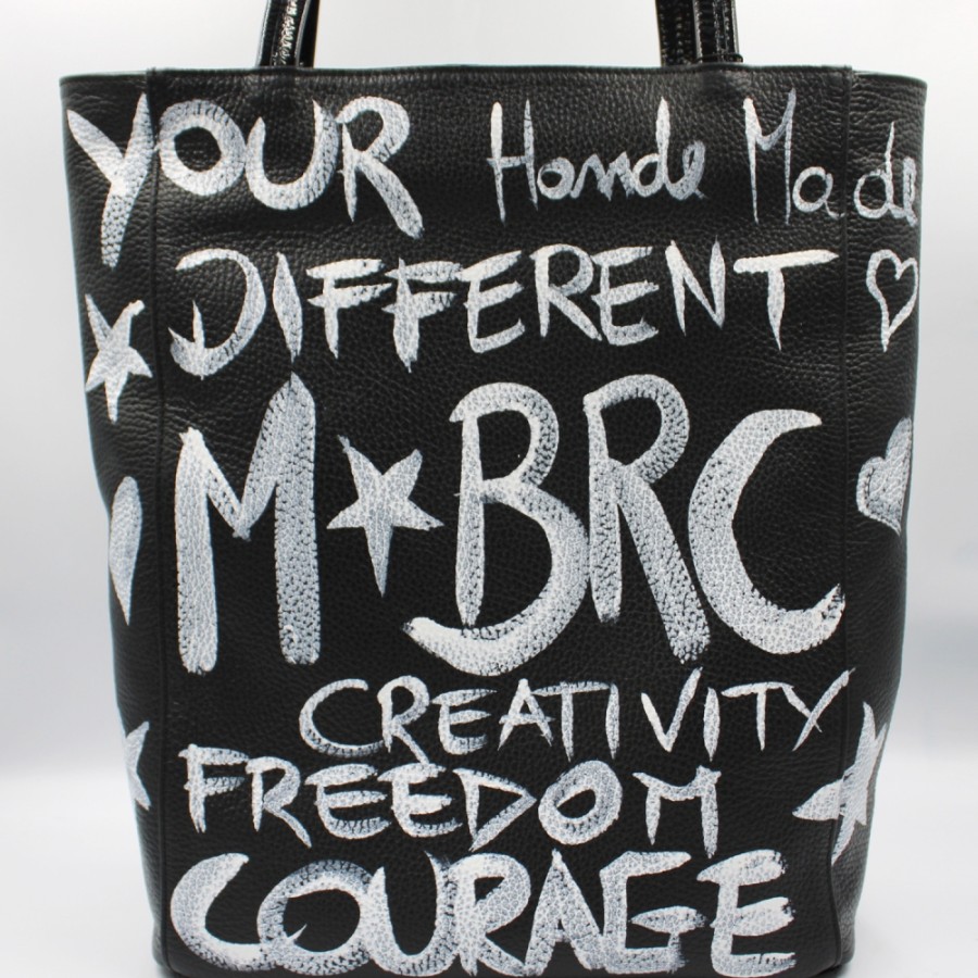 Ladies Bags M*BRC | M*Brc Black Leather Hand Painted Shopper Bag, Made In Italy F240