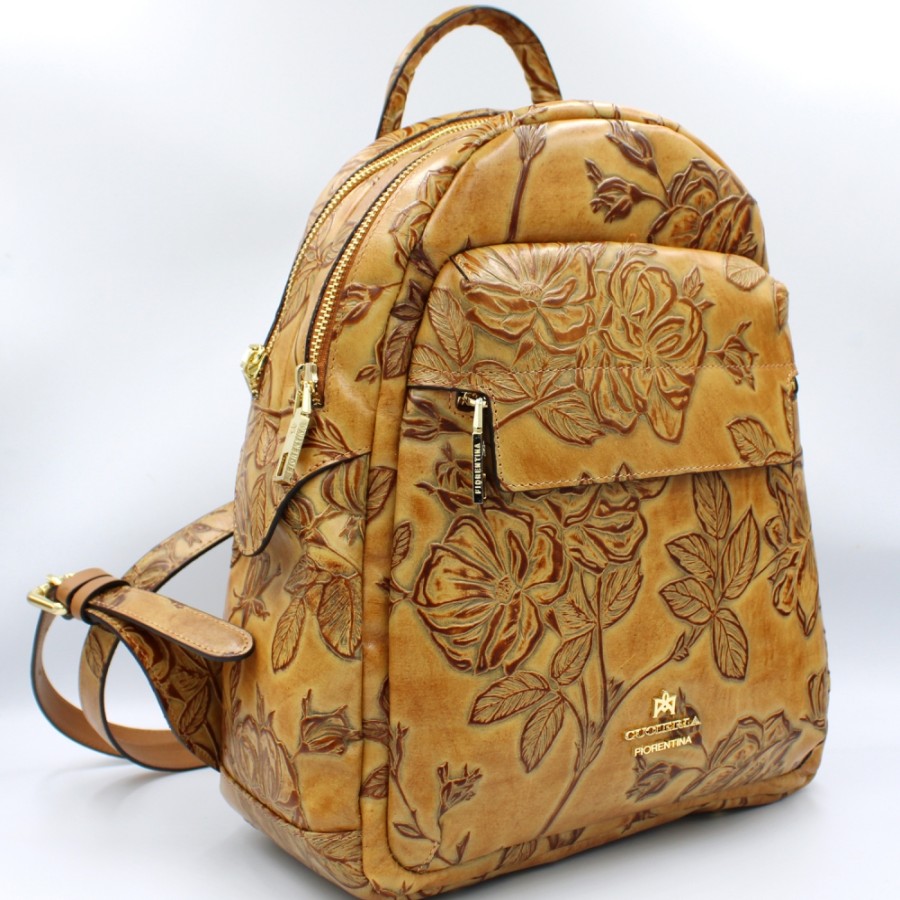 Ladies Bags Cuoieria Fiorentina | Cuoieria Fiorentina Leather Backpack With Relief Roses Pattern, Beige-Ochre Color, Made In Italy B000005407385-Be