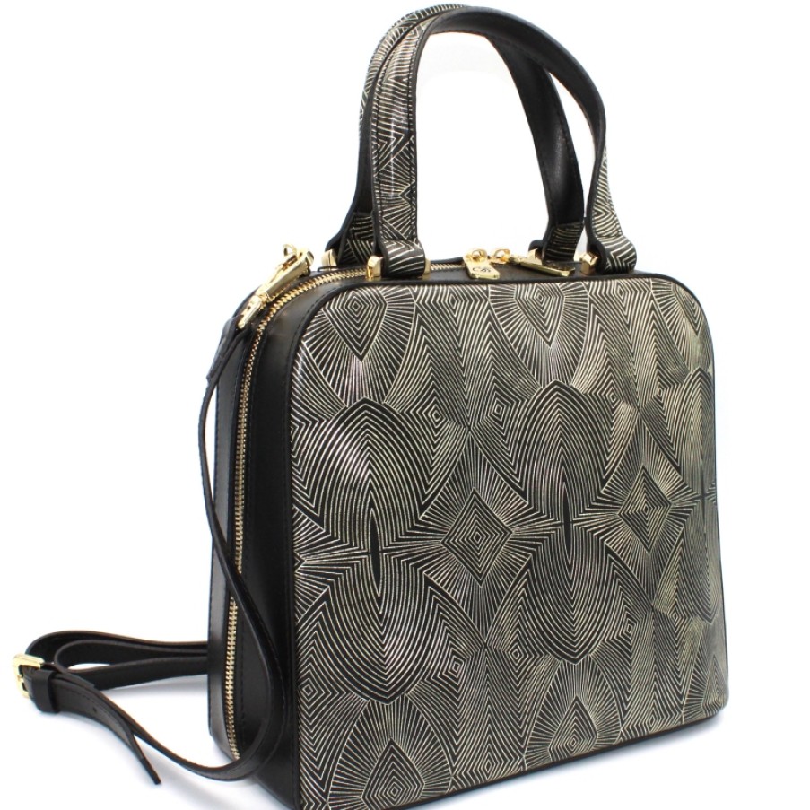 Ladies Bags Gilda Tonelli | Gilda Tonelli Rectangular Bag Of Black Leather With Golden Ornament Made In Italy 4402