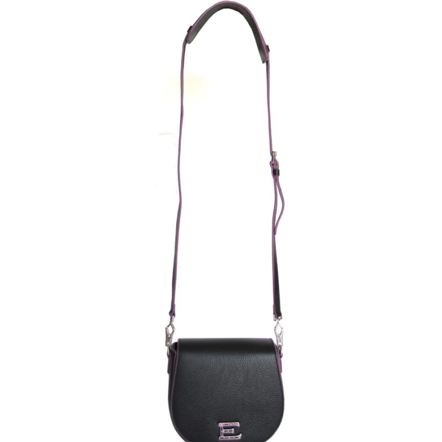 Ladies Bags ERMANNO Ermanno Scervino | Ermanno Ermanno Scervino Black Leather Small Crossbody Bag With Fuchsia Edge Made In Italy 12400197