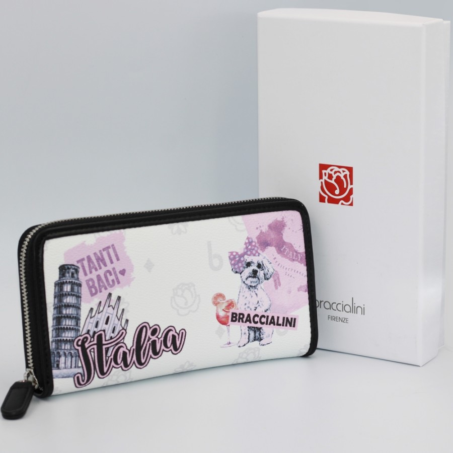 Ladies Accessories Braccialini | Braccialini Large White Women'S Wallet With Zip, Postcard Italy Theme B16410-Italy