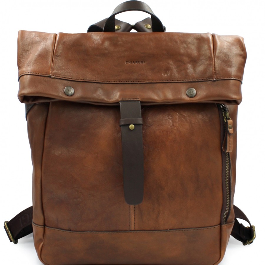 Mens Bags CHIARUGI | Chiarugi Vintage Style Men'S Satchel Backpack In Vegetable Tanned Tuscan Leather 54009