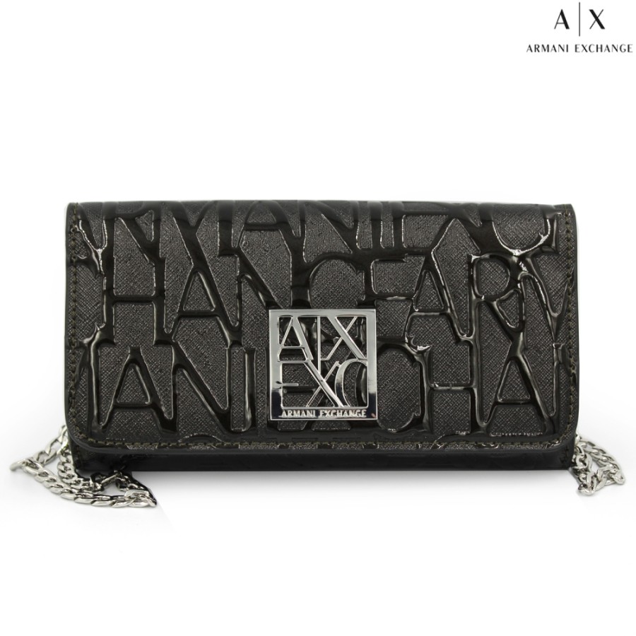 Ladies Bags Armani Exchange | Armani Exchange Wallet - Clutch Bag With Chain Shoulder Strap, Glossy Black Color 948481-Cc794