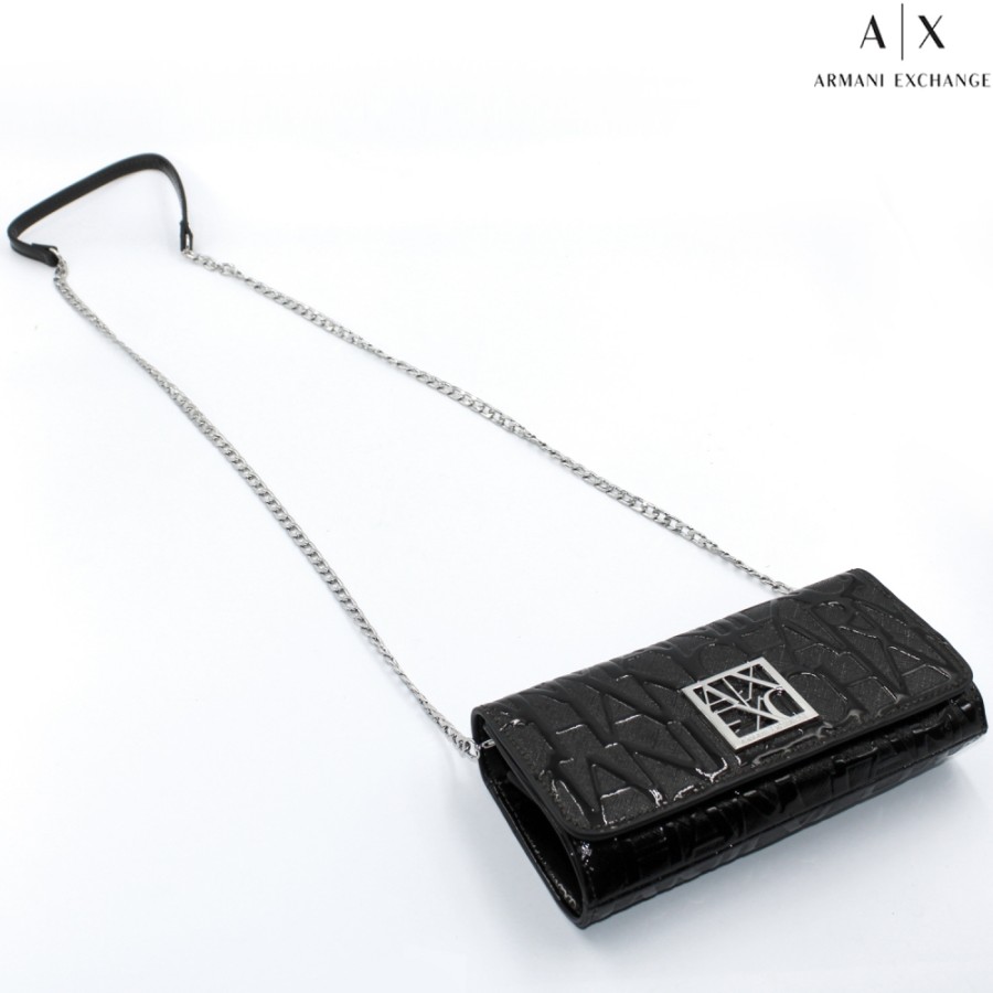 Ladies Bags Armani Exchange | Armani Exchange Wallet - Clutch Bag With Chain Shoulder Strap, Glossy Black Color 948481-Cc794