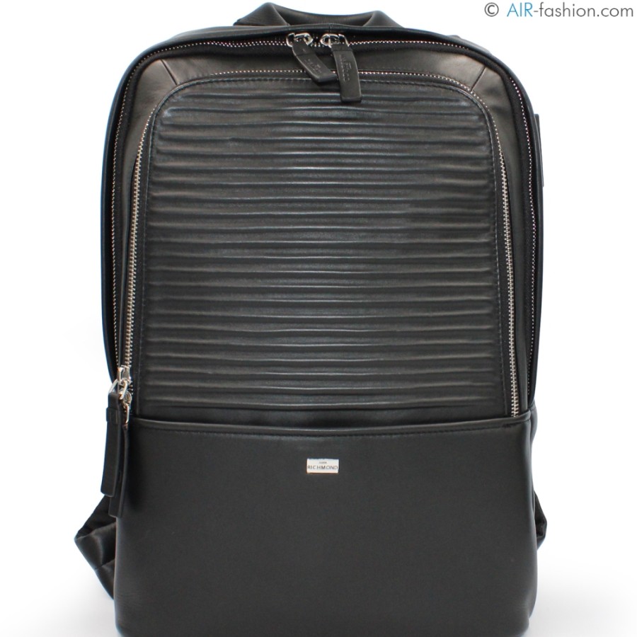 Mens Bags John Richmond | John Richmond Men'S Black Leather Backpack, With Usb Slot, M Jr-B112