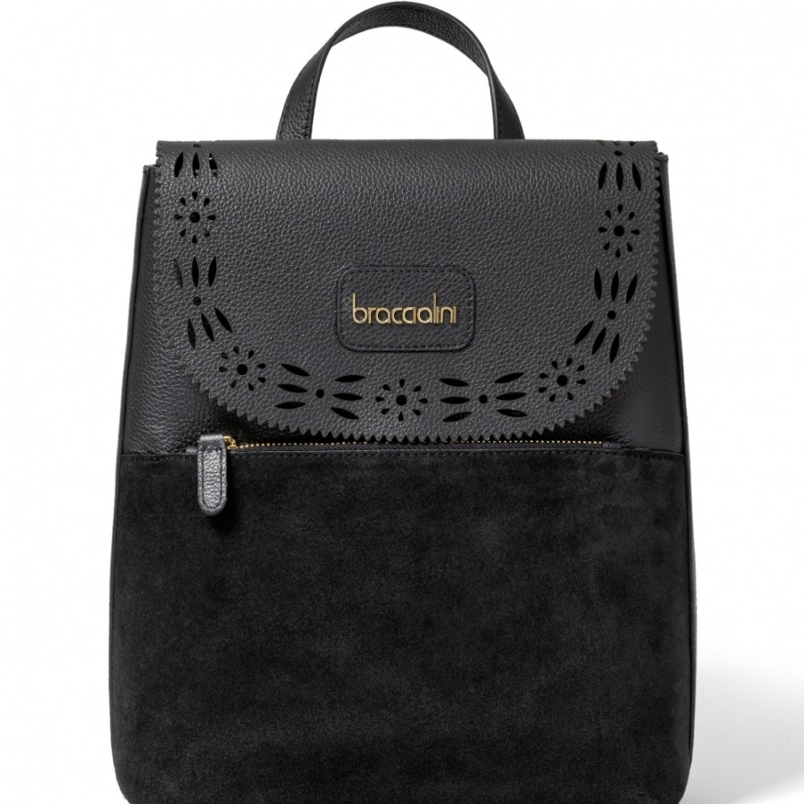 Ladies Bags Braccialini | Braccialini Women'S Black Leather & Suede Backpack, Made In Italy B16643-100