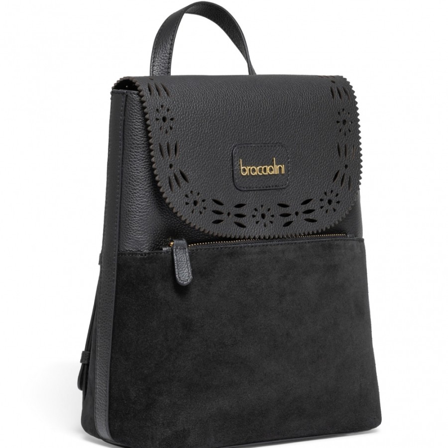 Ladies Bags Braccialini | Braccialini Women'S Black Leather & Suede Backpack, Made In Italy B16643-100