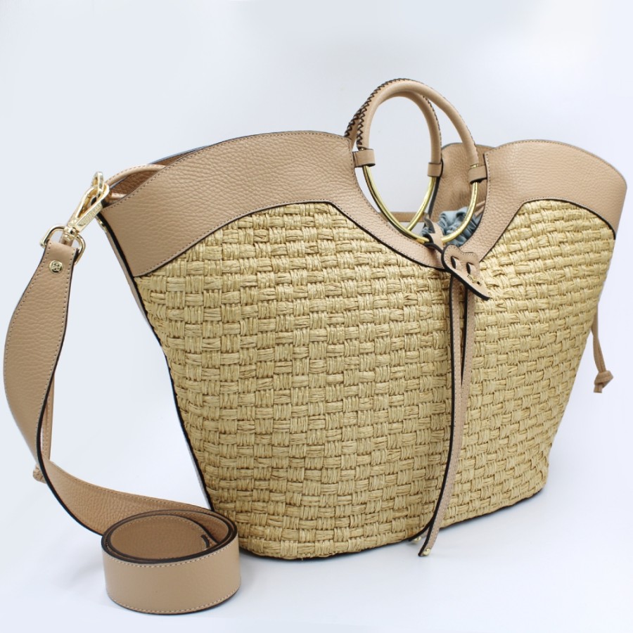 Ladies Bags Cuoieria Fiorentina | Cuoieria Fiorentina Large Bag Of Straw And Genuine Leather, Natural Color, Made In Italy 5858006-Be