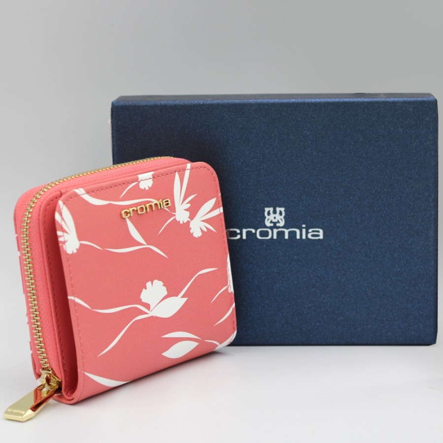 Ladies Accessories Cromia | Cromia Small Zip Around Wallet Of Pink Leather With White Flower Pattern 26A1181