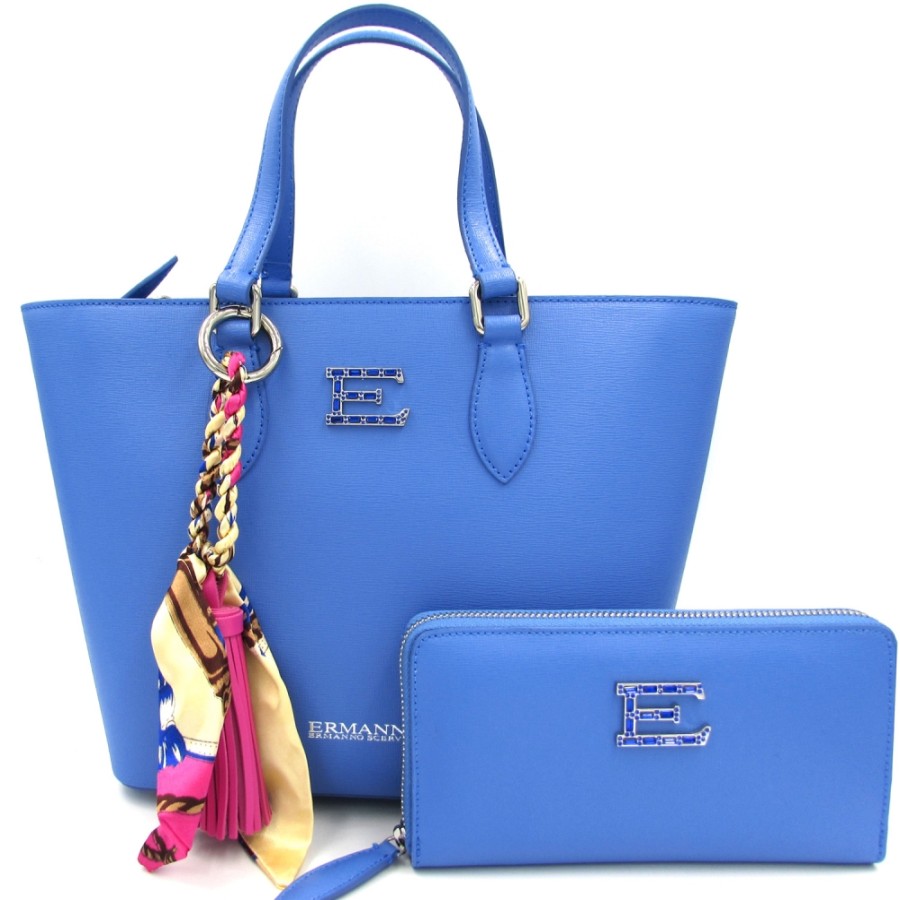 Ladies Bags ERMANNO Ermanno Scervino | Ermanno Ermanno Scervino Women'S Fashion Blue Leather Shopper Bag & Wallet Made In Italy 1240031012600086