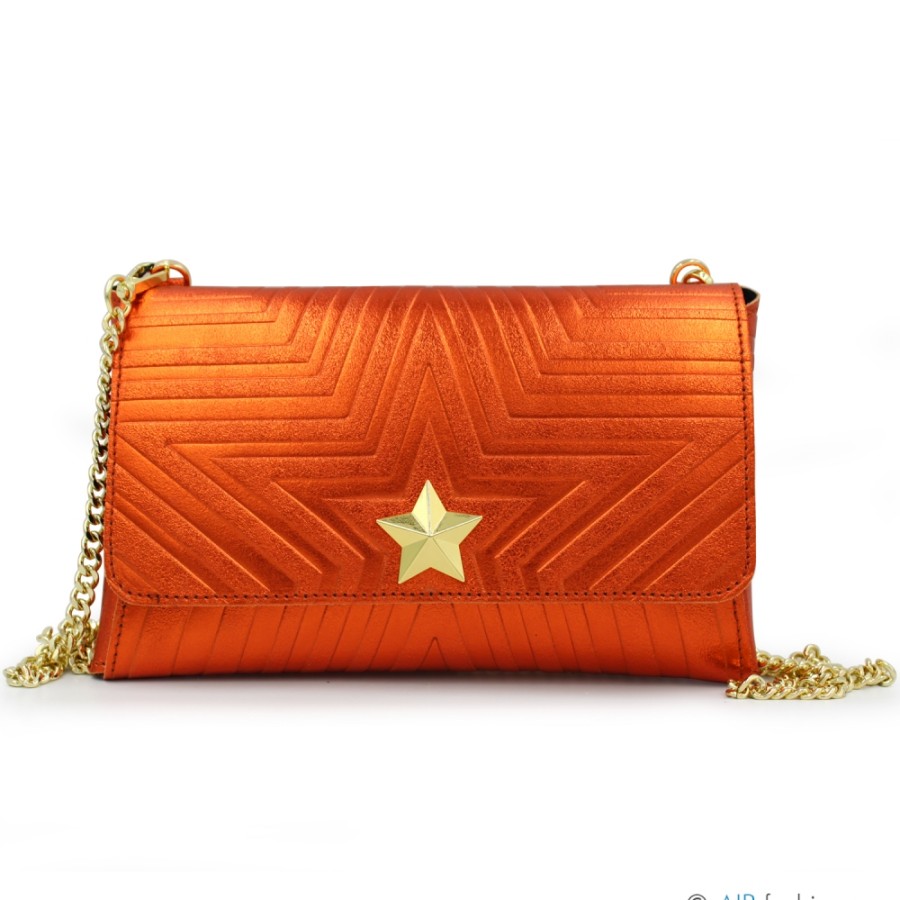 Ladies Bags M*BRC | M*Brc Orange Metallic Leather Clutch Bag With Chain Shoulder Strap F223_Arancio