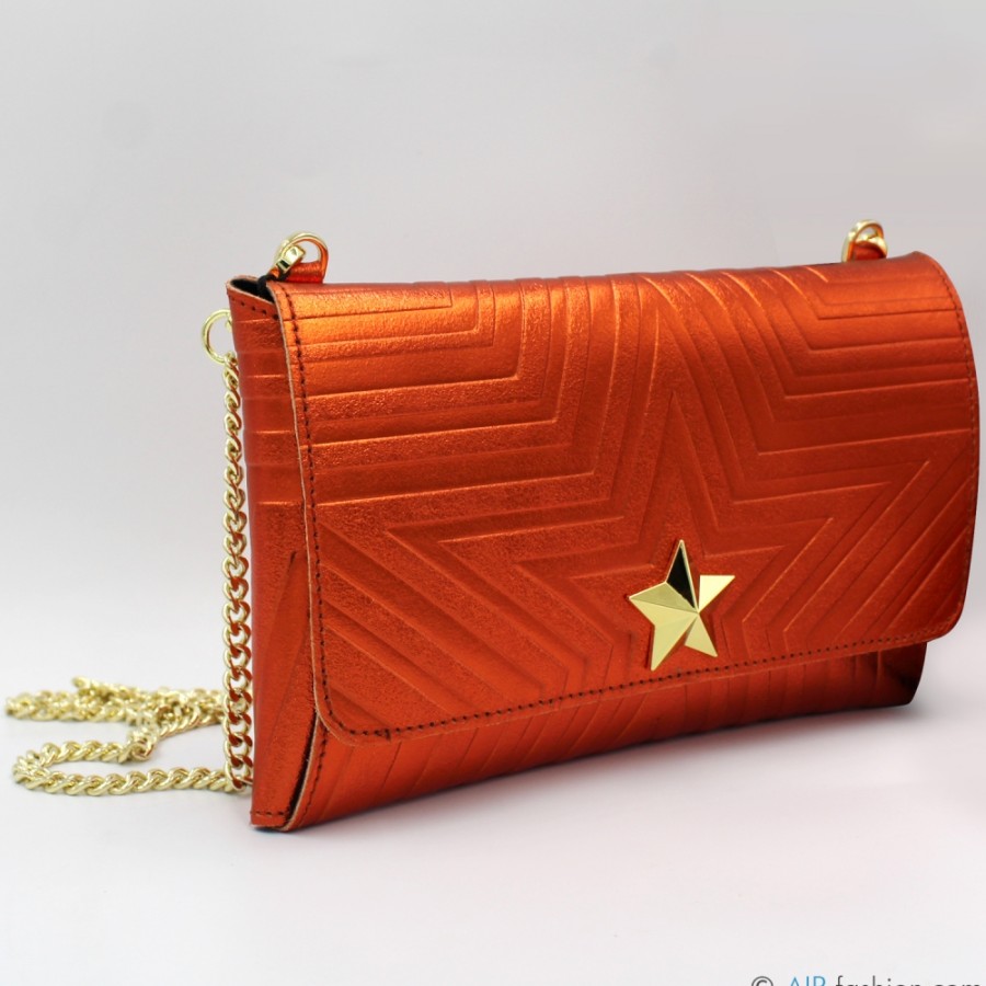 Ladies Bags M*BRC | M*Brc Orange Metallic Leather Clutch Bag With Chain Shoulder Strap F223_Arancio