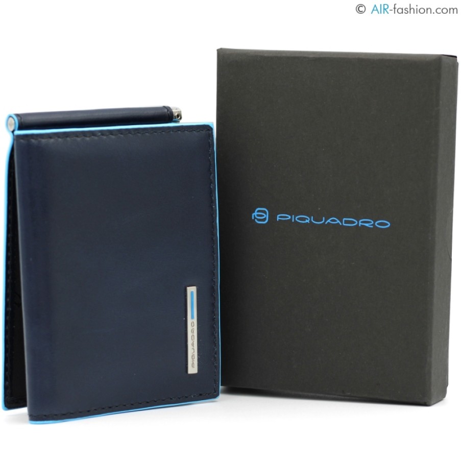 Mens Accessories PIQUADRO | Piquadro Men'S Credit Card Wallet With Money Clip Of Blue Leather Pu3890B2/Blu2