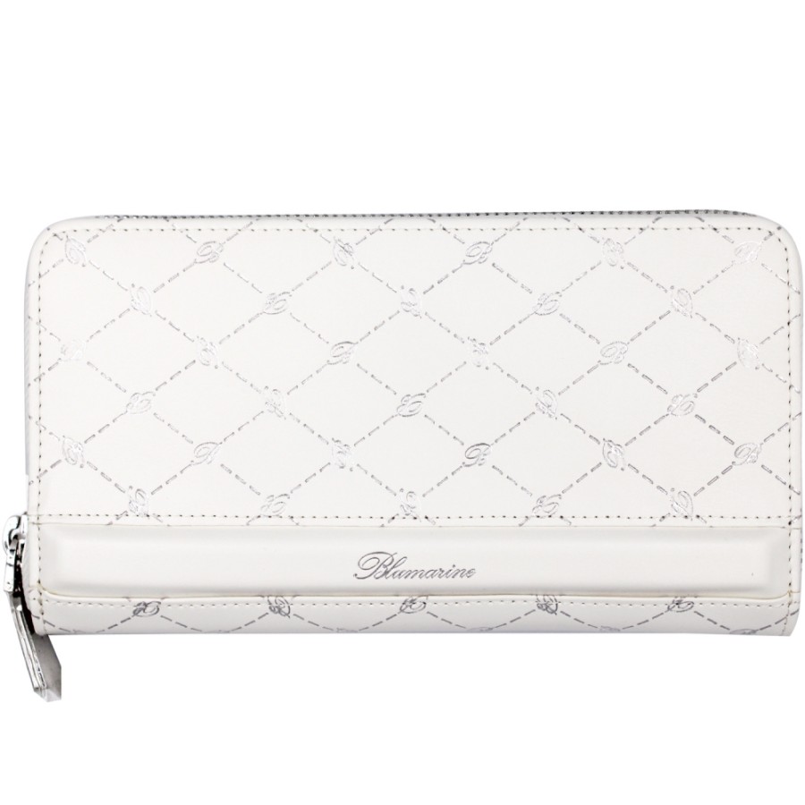 Ladies Accessories Blumarine | Blumarine Sophisticated Wallet With Zip Of White Leather With Silver Monograms B81Pwb301923010