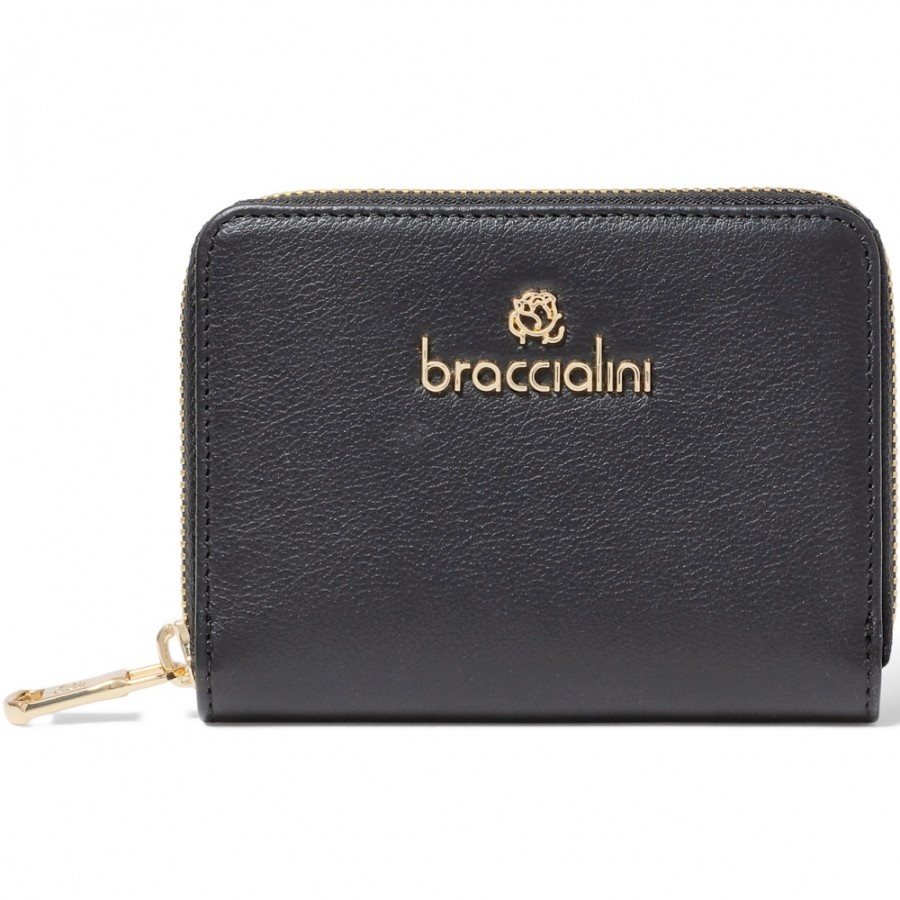 Ladies Accessories Braccialini | Braccialini Women'S Elegant Zip Around Wallet Of Black Leather, Medium B16700