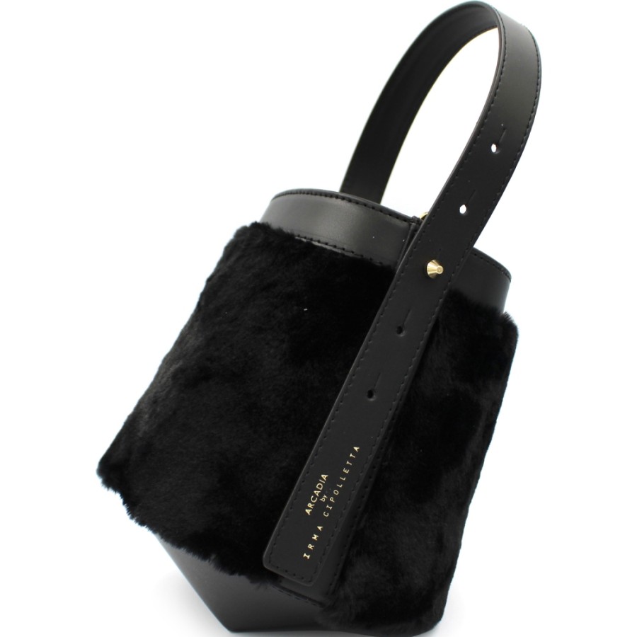 Ladies Bags ARCADIA | Arcadia Fashionable Black Leather & Eco-Fur Bucket Bag Made In Italy 4698N