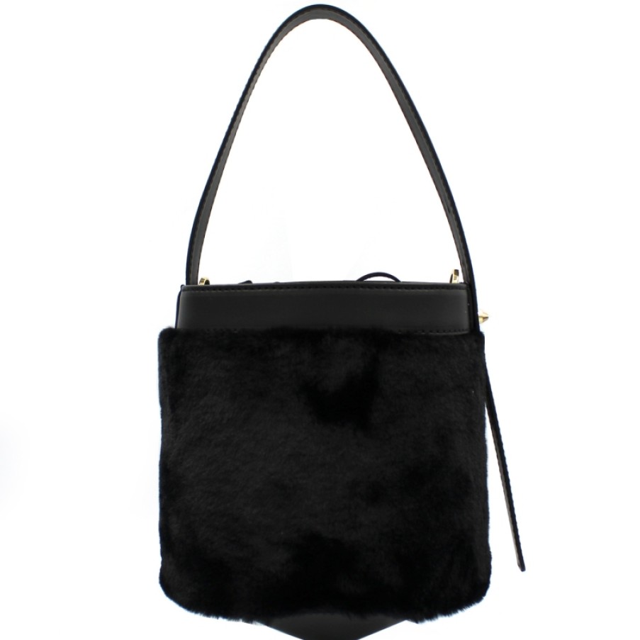 Ladies Bags ARCADIA | Arcadia Fashionable Black Leather & Eco-Fur Bucket Bag Made In Italy 4698N