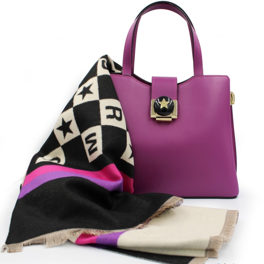 Ladies Bags M*BRC | M*Brc Fuchsia Leather Handbag + Scarf As A Gift, Made In Italy F230_Amarena