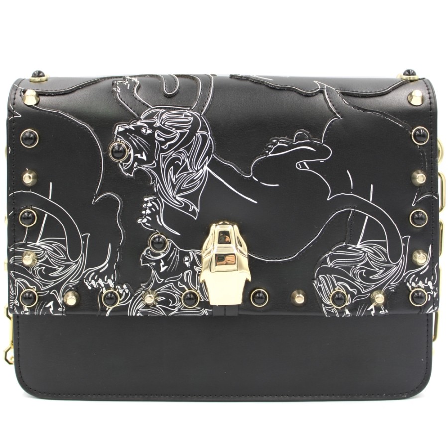 Ladies Bags Cavalli CLASS | Cavalli Class Milano Black Bag With Applique Of Lion In Ancient Greek Style C82Pwcq40042999