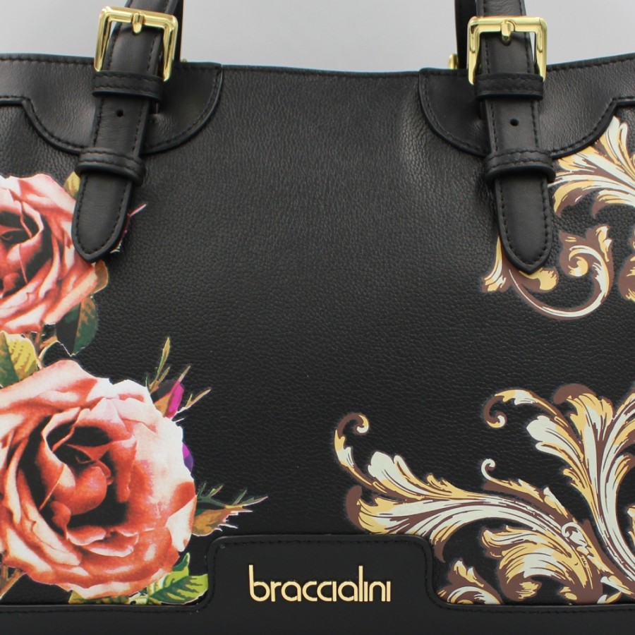 Ladies Bags Braccialini | Braccialini Black Leather Bag With Vignettes And Roses Decoration B17462-Yy-818-Uni