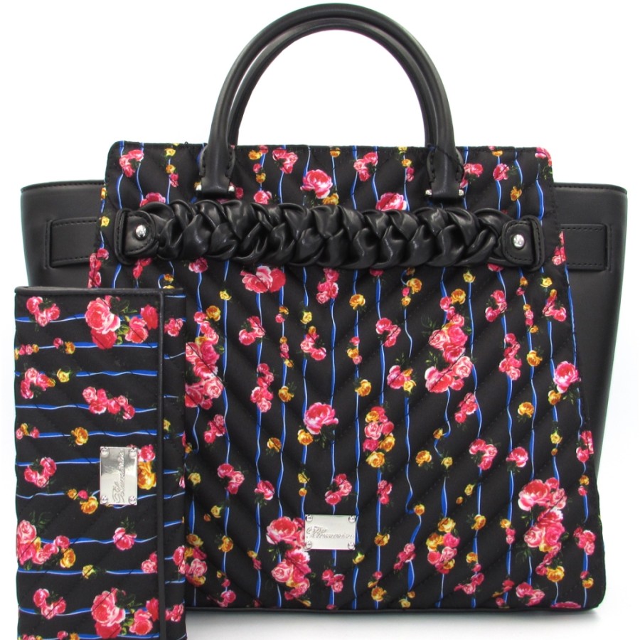 Ladies Bags Blumarine | Blumarine Women'S Romantic Black Bag With Floral Print + Matching Wallet