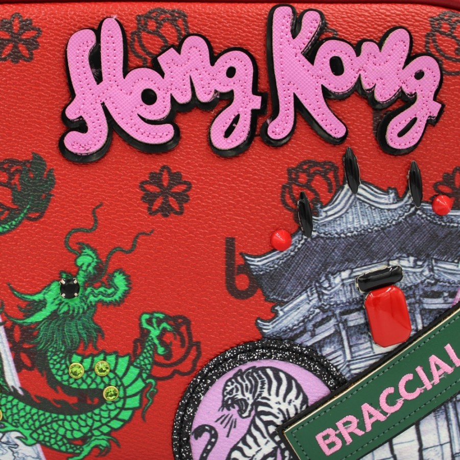 Ladies Bags Braccialini | Braccialini Red Shoulder Bag With Applique, Theme: Hong Kong Tourist Attractions B16110