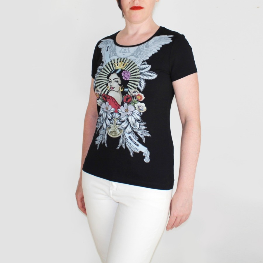 Ladies Matching Clothing For Bags Braccialini | Braccialini Women'S Black Cotton T-Shirt, Short Sleeve, With Tarot And Fortune Teller Themed Applique Btop200