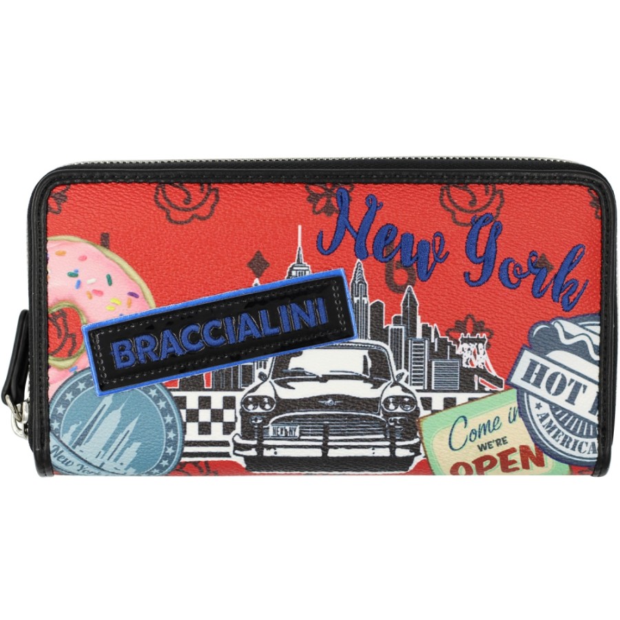 Ladies Accessories Braccialini | Braccialini Women'S Zip Around Wallet, Red With Applique, Theme: Tourist Attractions Of New York B16290_126-Ca