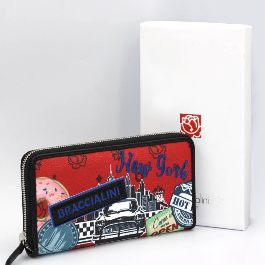 Ladies Accessories Braccialini | Braccialini Women'S Zip Around Wallet, Red With Applique, Theme: Tourist Attractions Of New York B16290_126-Ca