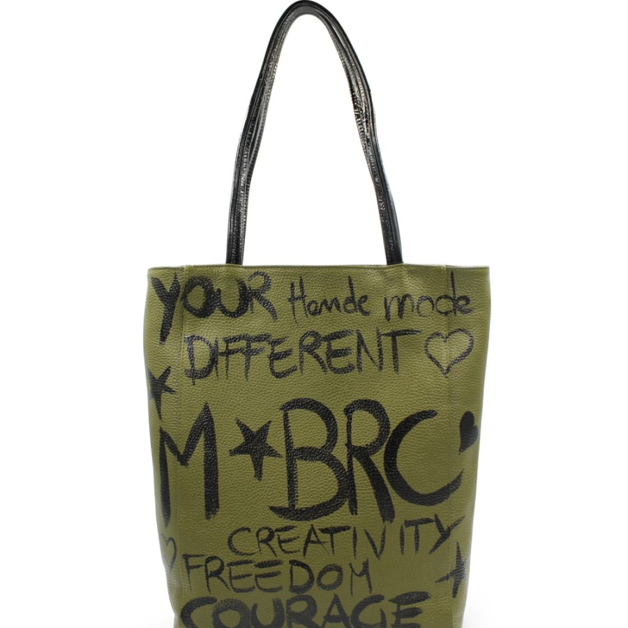 Ladies Bags M*BRC | M*Brc Green Leather Hand Painted Shopper Bag, Made In Italy F240_Ulivo