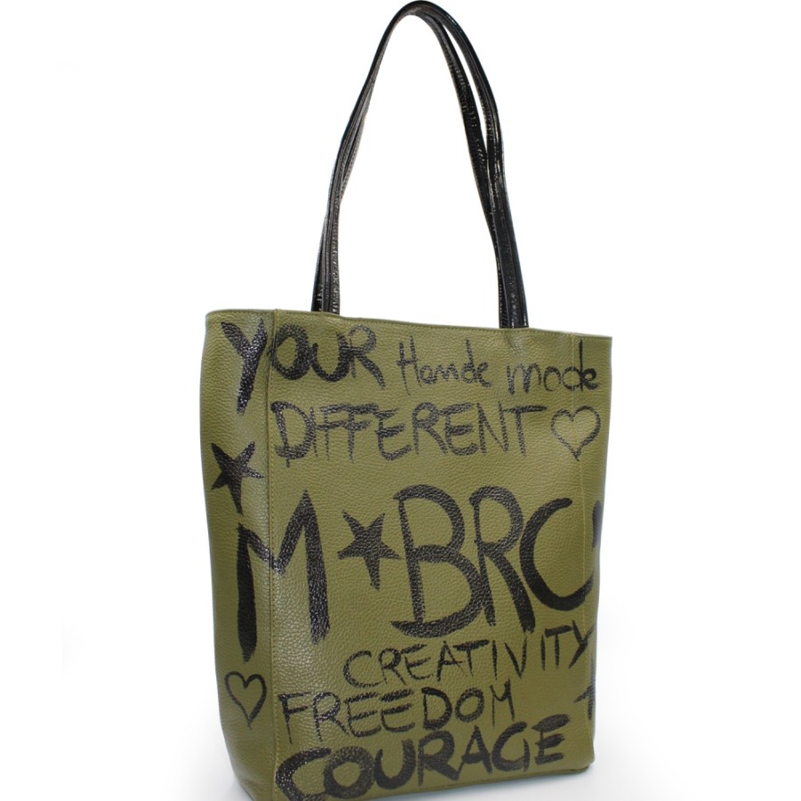 Ladies Bags M*BRC | M*Brc Green Leather Hand Painted Shopper Bag, Made In Italy F240_Ulivo