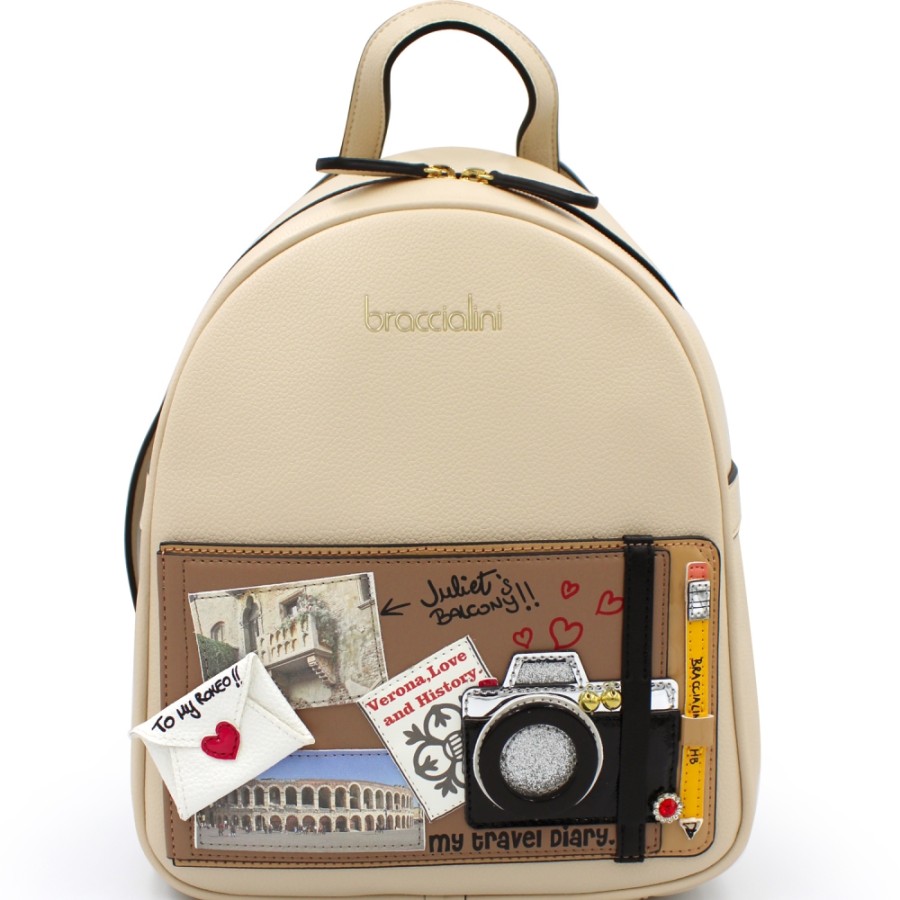 Ladies Bags Braccialini | Braccialini Creative Beige Backpack, With The Travel Diary Applique, Verona Theme B14863